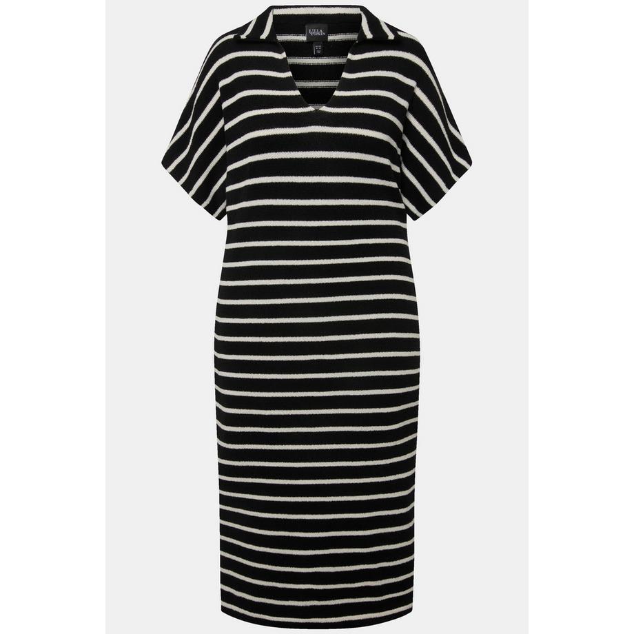 Ulla Popken Ringel Strick Midikleid Hemdkragen Halbarm  