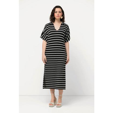 Ulla Popken Abito Midi Maglia Righe Collo Camicia Mezze Maniche  