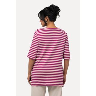 Ulla Popken  T-shirt in cotone Pima con righe, scollo a V e mezze maniche 