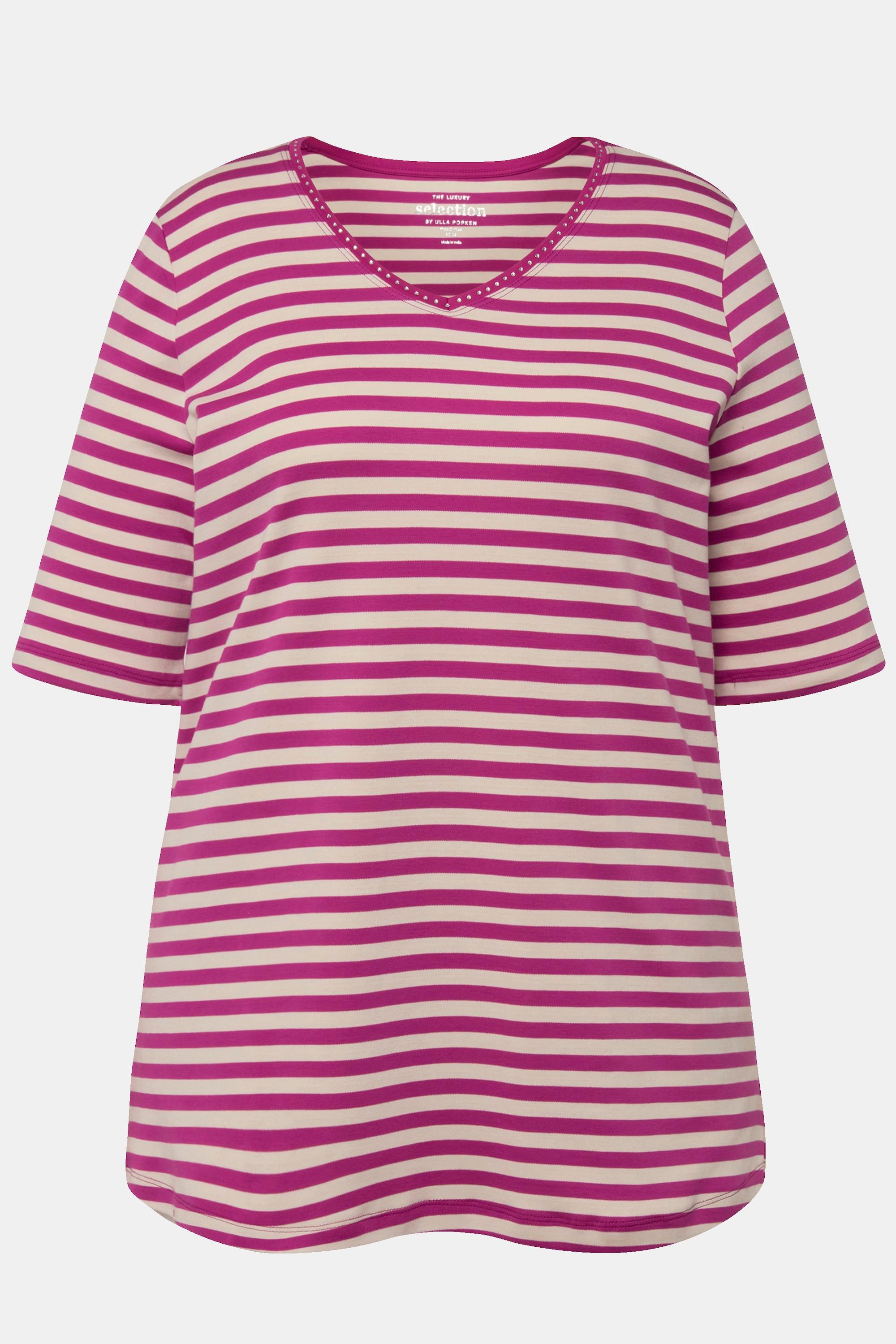 Ulla Popken  T-Shirt, Pima Cotton, Ringel, V-Ausschnitt, Halbarm 