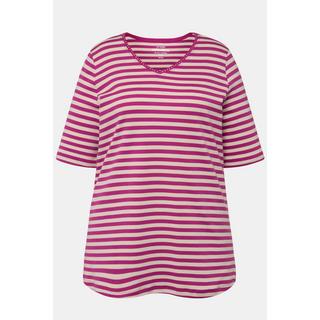 Ulla Popken  T-Shirt, Pima Cotton, Ringel, V-Ausschnitt, Halbarm 