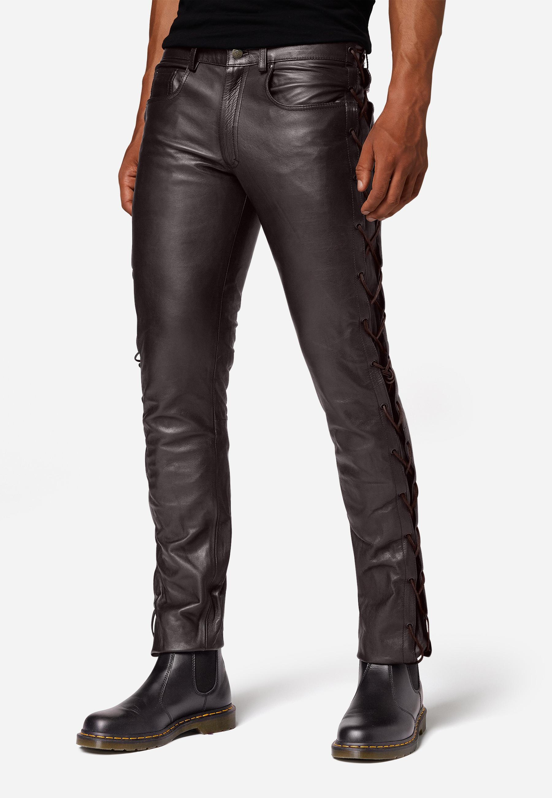 RICANO  Pantalon en cuir pour hommes, avec lacets, en cuir de vache ciré. 