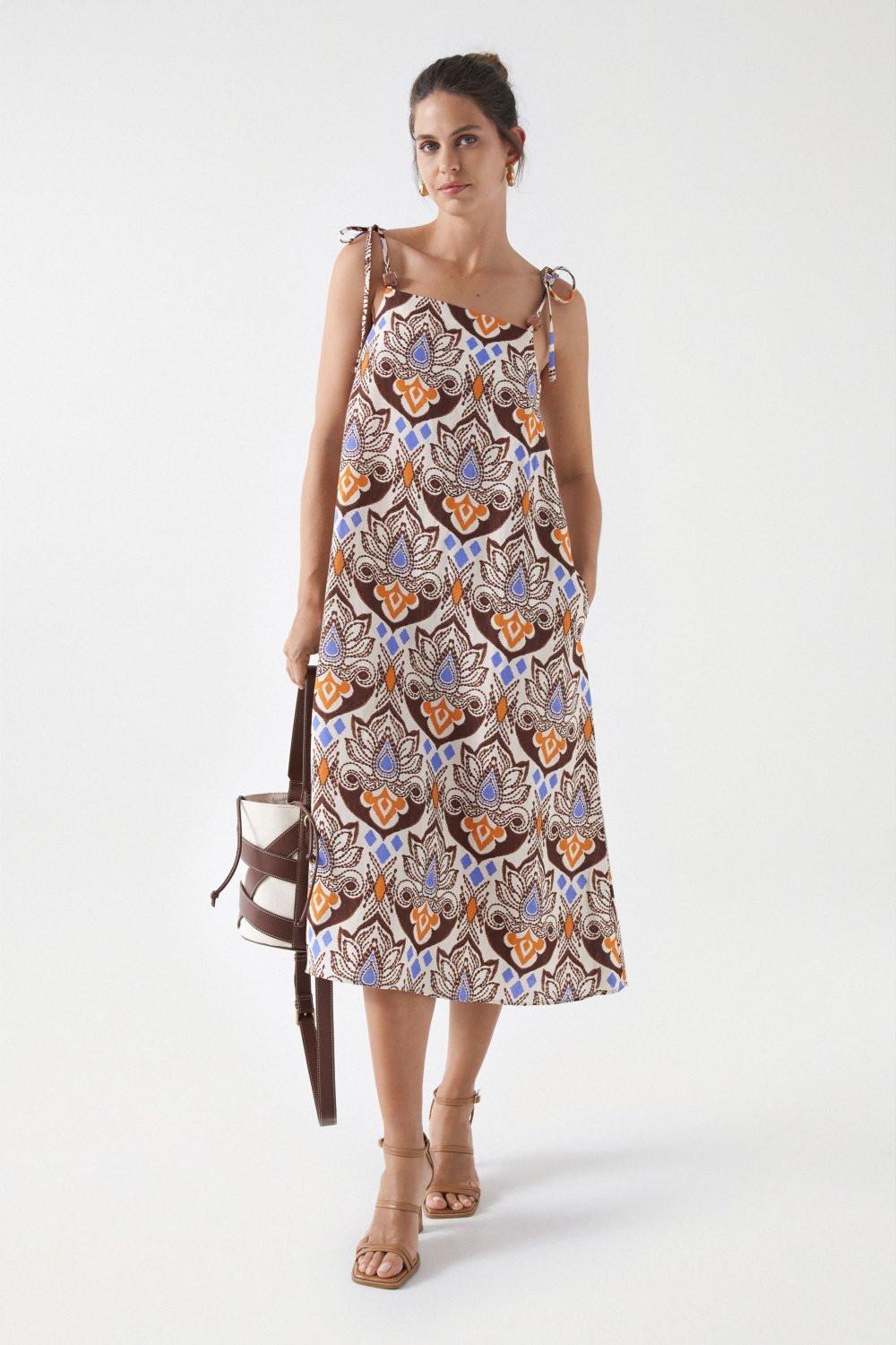 Salsa  Kleider Printed Linen Midi Dress 