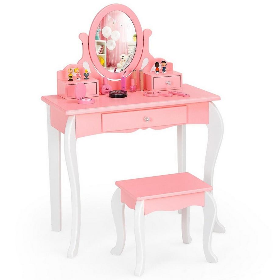 Northix  Coiffeuse enfant avec tabouret Coiffeuse princesse avec 3 tiroirs & miroir rose 