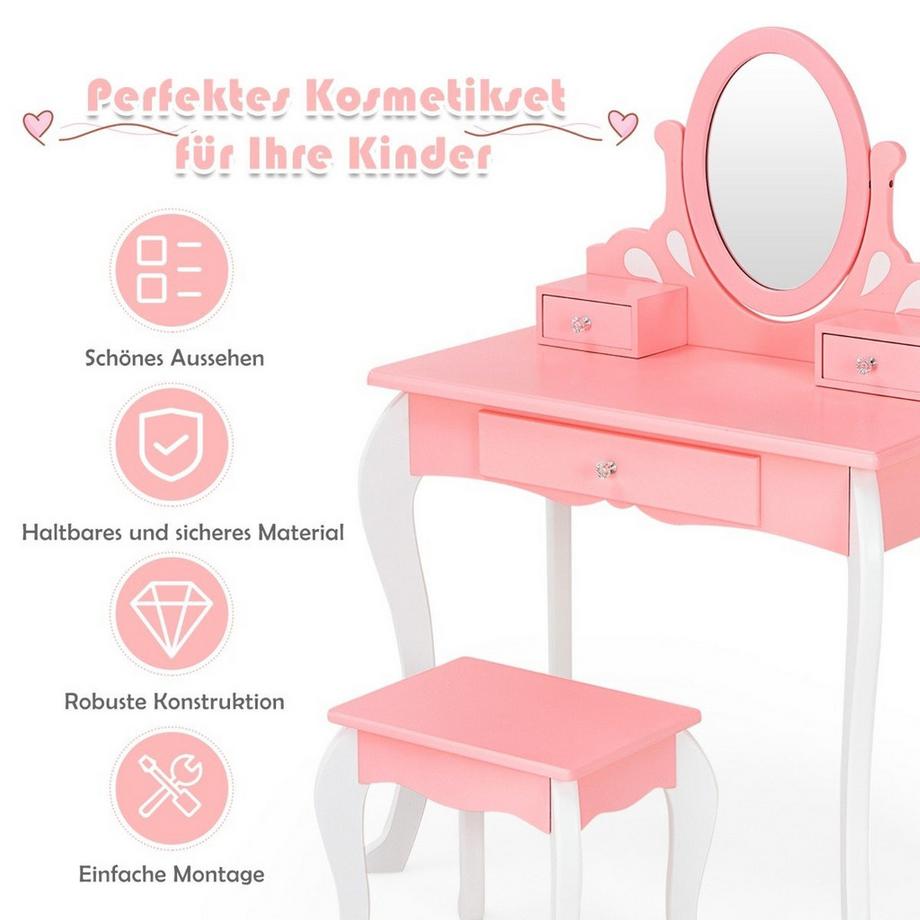 Northix  Coiffeuse enfant avec tabouret Coiffeuse princesse avec 3 tiroirs & miroir rose 