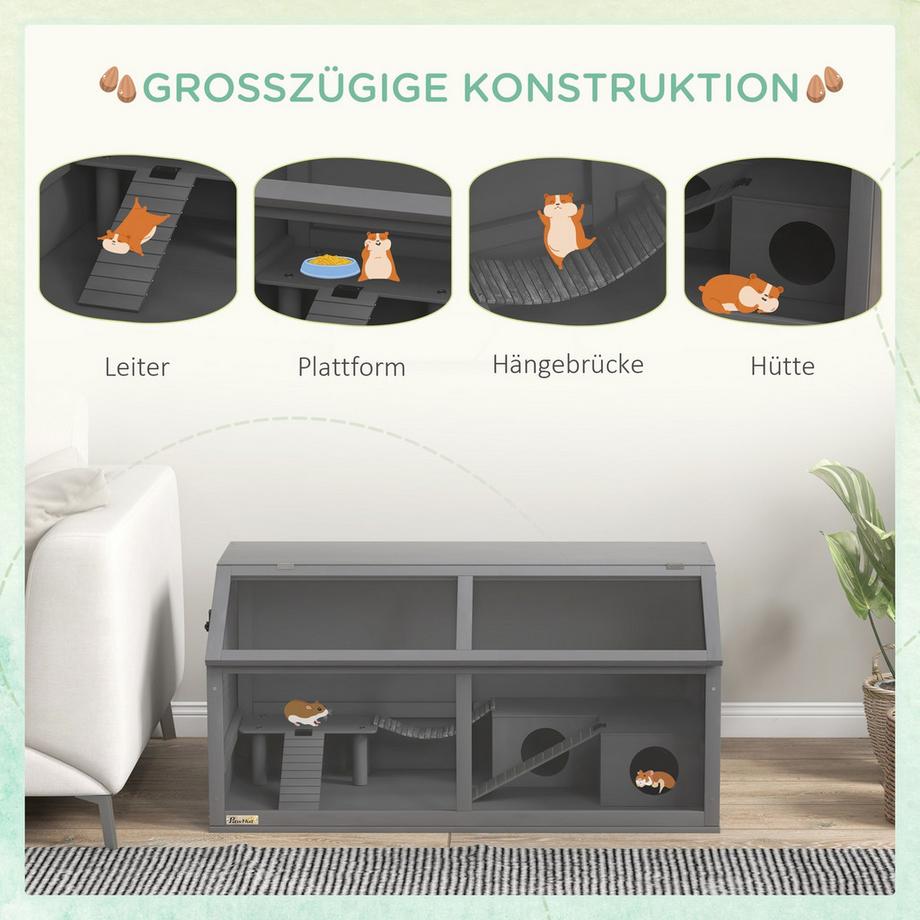 Northio  Hamsterkäfig aus holz, 100cm Nagerhaus, Kleintierstall, Spielhaus mit Hängebrücke, Leitern, zu öffnendes Dach, Hütte, Dunkelgrau 