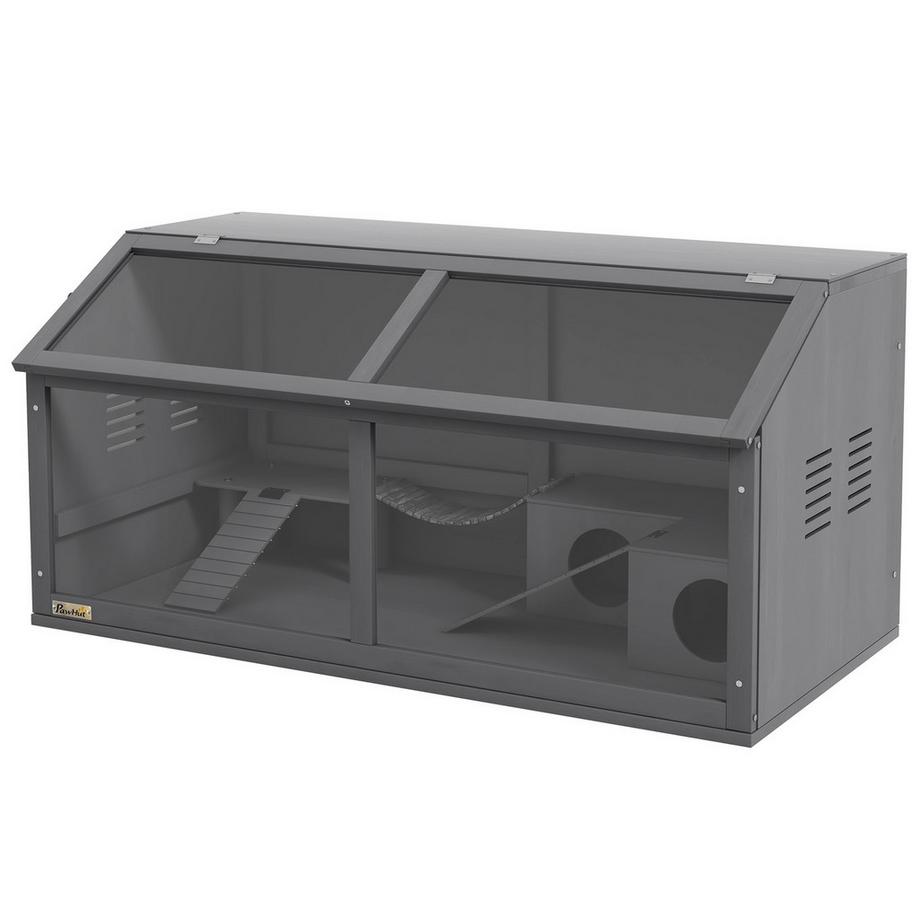 Northio  Hamsterkäfig aus holz, 100cm Nagerhaus, Kleintierstall, Spielhaus mit Hängebrücke, Leitern, zu öffnendes Dach, Hütte, Dunkelgrau 