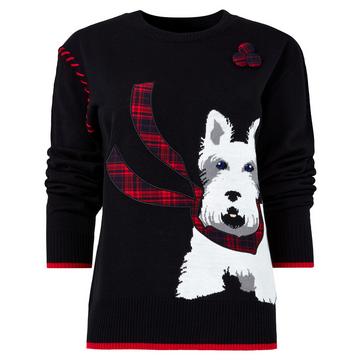 Pull Tricot Fin Carreaux Style Écossais Motif Scottie