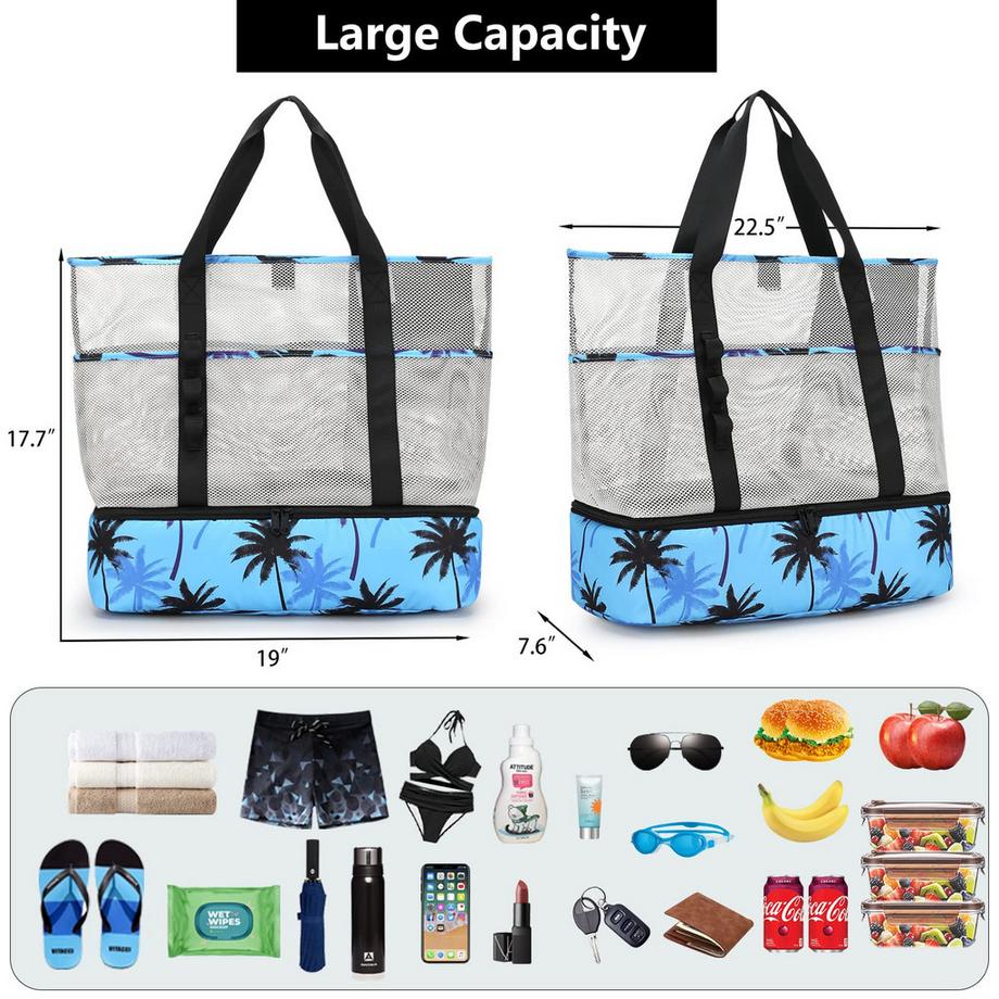 Only-bags.store Mesh Beach Bag Gross Faltbar mit Wasserdichter Kühltasche  