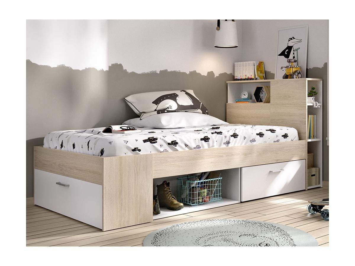 Vente-unique Letto con testata, vani portaoggetti e cassetto 90 x 190 cm Bianco e Naturale + Rete - LEANDRE  