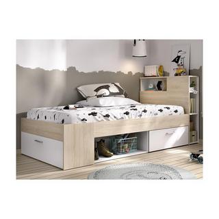 Vente-unique Letto con testata, vani portaoggetti e cassetto 90 x 190 cm Bianco e Naturale + Rete - LEANDRE  