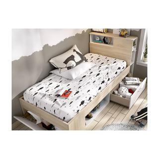 Vente-unique Letto con testata, vani portaoggetti e cassetto 90 x 190 cm Bianco e Naturale + Rete - LEANDRE  