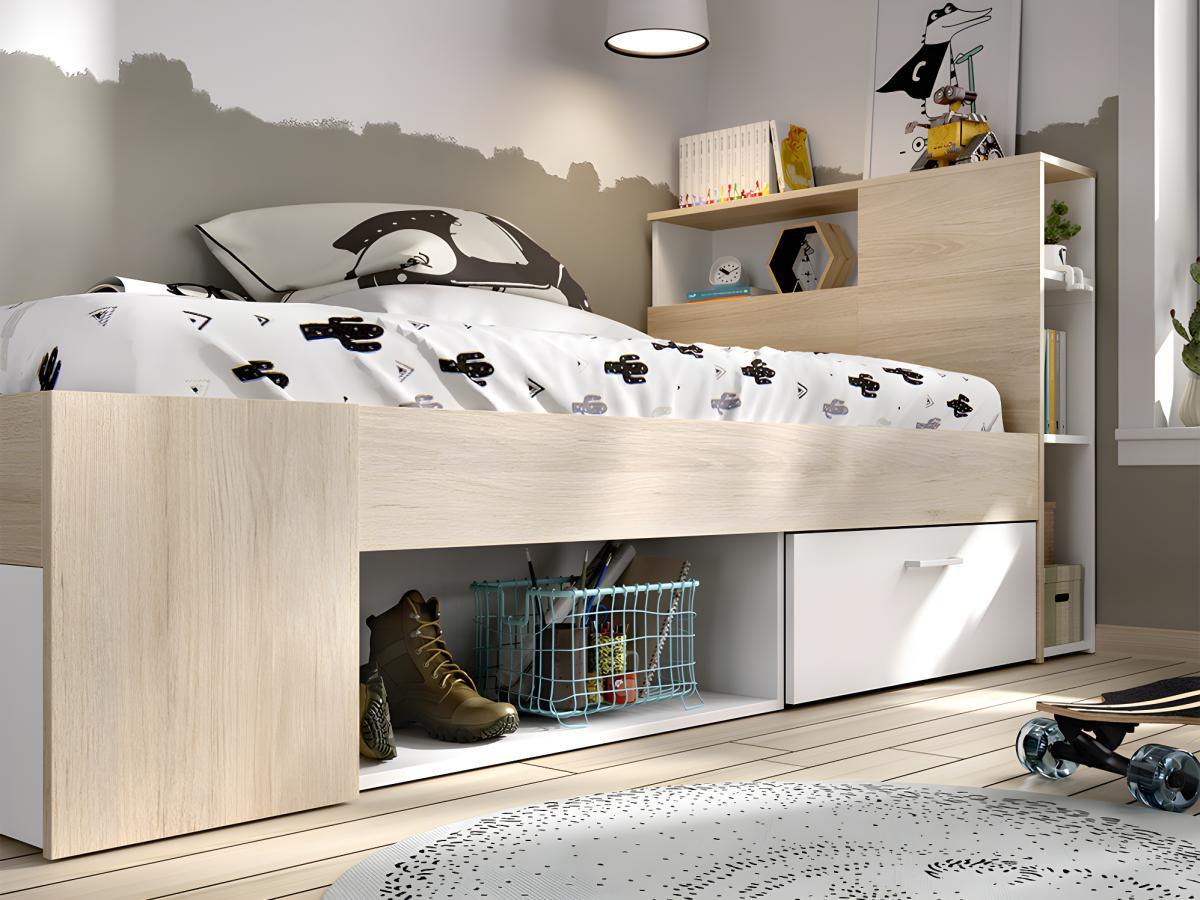 Vente-unique Bett mit Kopfteil, Stauraum & Schublade - 90 x 190 cm + Lattenrost - Weiß und Holzfarben - LEANDRE  