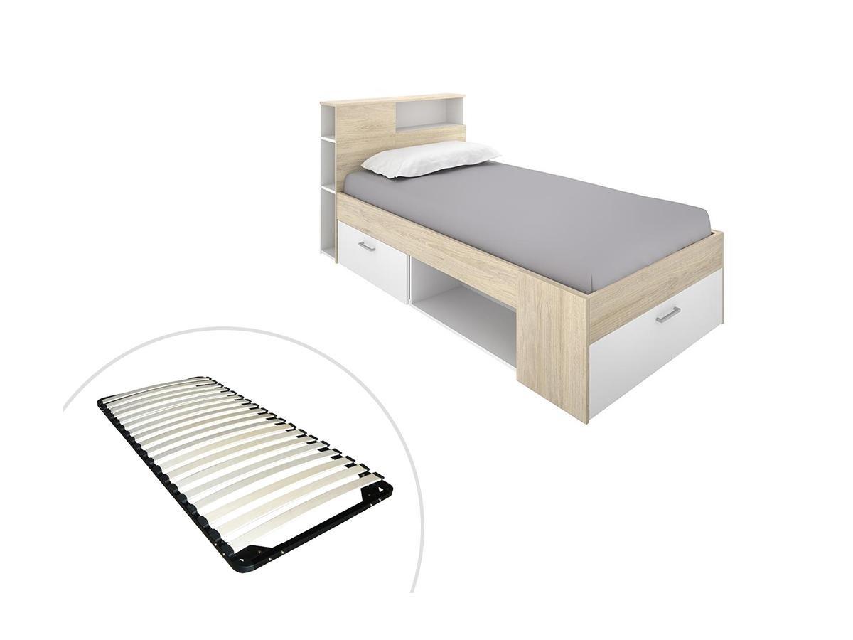 Vente-unique Letto con testata, vani portaoggetti e cassetto 90 x 190 cm Bianco e Naturale + Rete - LEANDRE  