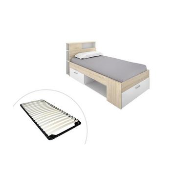 Letto con testata, vani portaoggetti e cassetto 90 x 190 cm Bianco e Naturale + Rete - LEANDRE