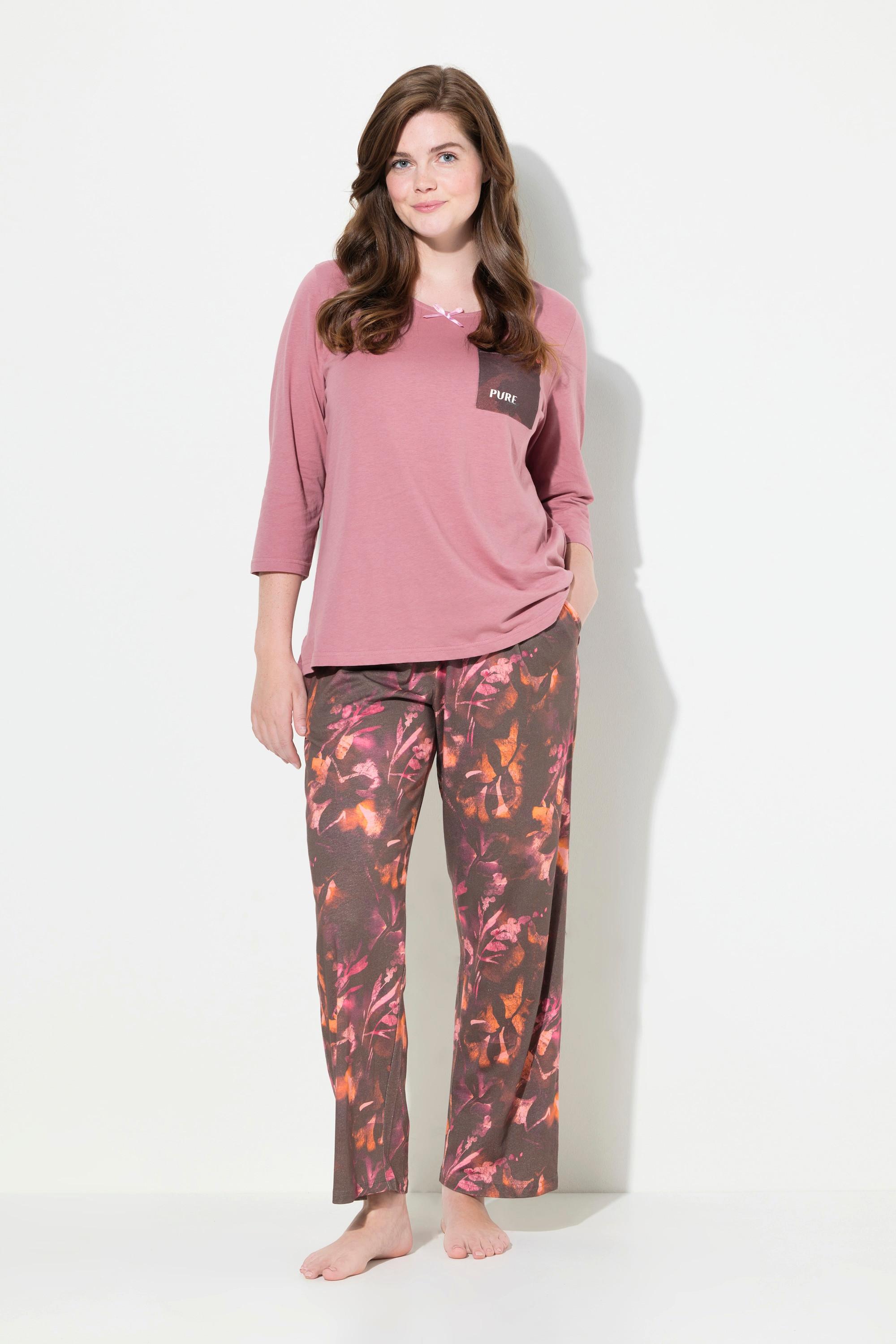 Ulla Popken  Pantalon de pyjama en coton bio, feuilles, jambe droite 