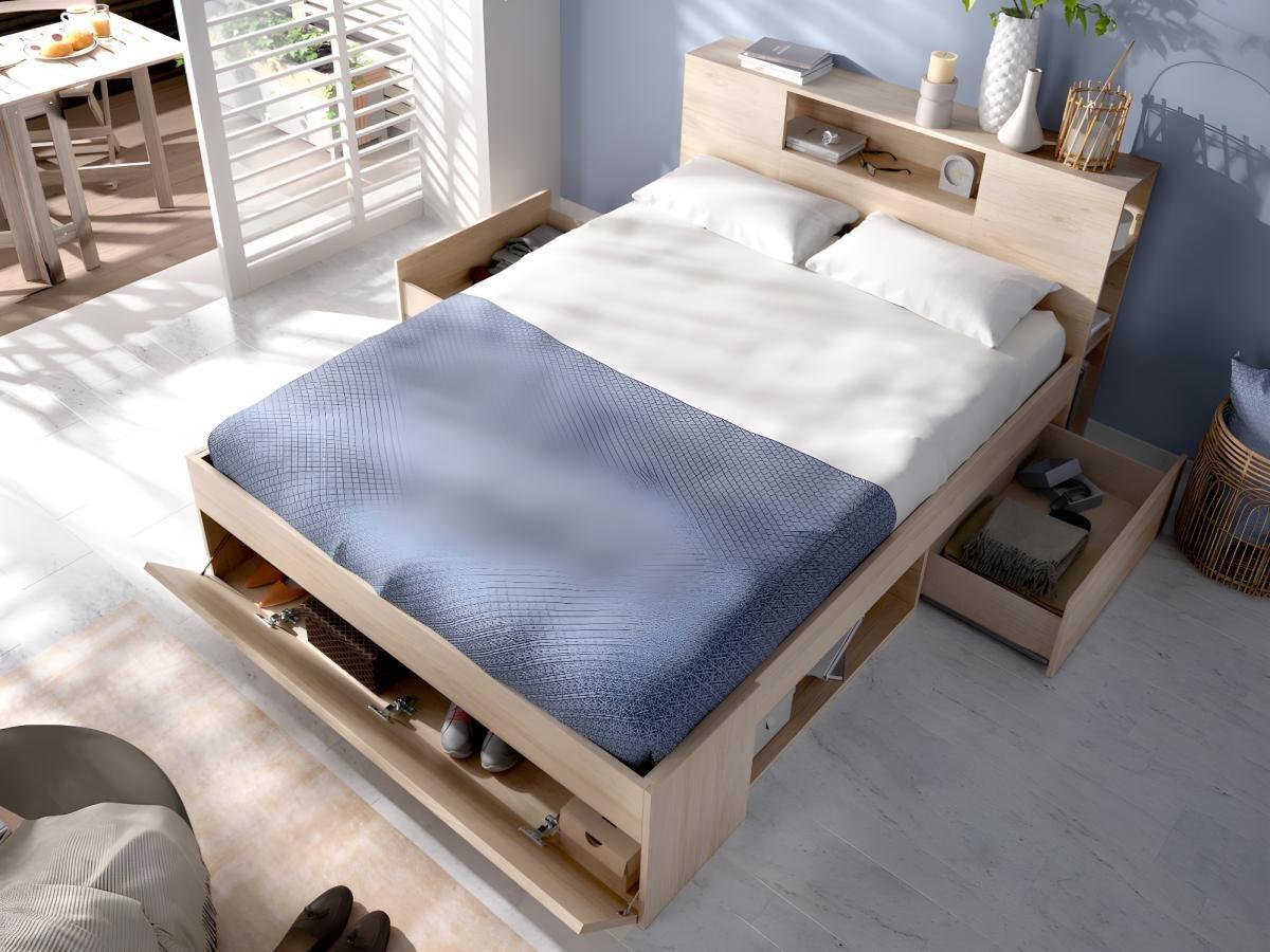 Vente-unique Letto con testata con vani portaoggetti e cassetti 160 x 200 cm: Naturale + Rete LEANDRE  