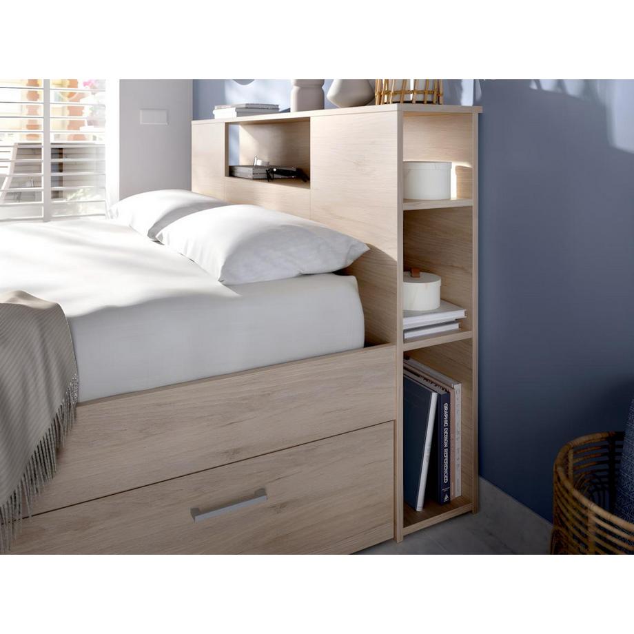 Vente-unique Lit avec tête de lit rangements et tiroirs - 160 x 200 cm - Coloris : Naturel + Sommier - LEANDRE  