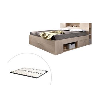 Letto con testata con vani portaoggetti e cassetti 160 x 200 cm: Naturale + Rete LEANDRE