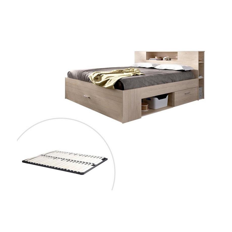 Lit avec tête de lit rangements et tiroirs - 160 x 200 cm - Coloris : Naturel + Sommier - LEANDRE
