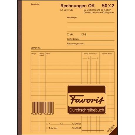 Favorit FAVORIT Formularbuch Rechnungen A5 9211 OK Durchschreibepapier 50x2 Blatt  