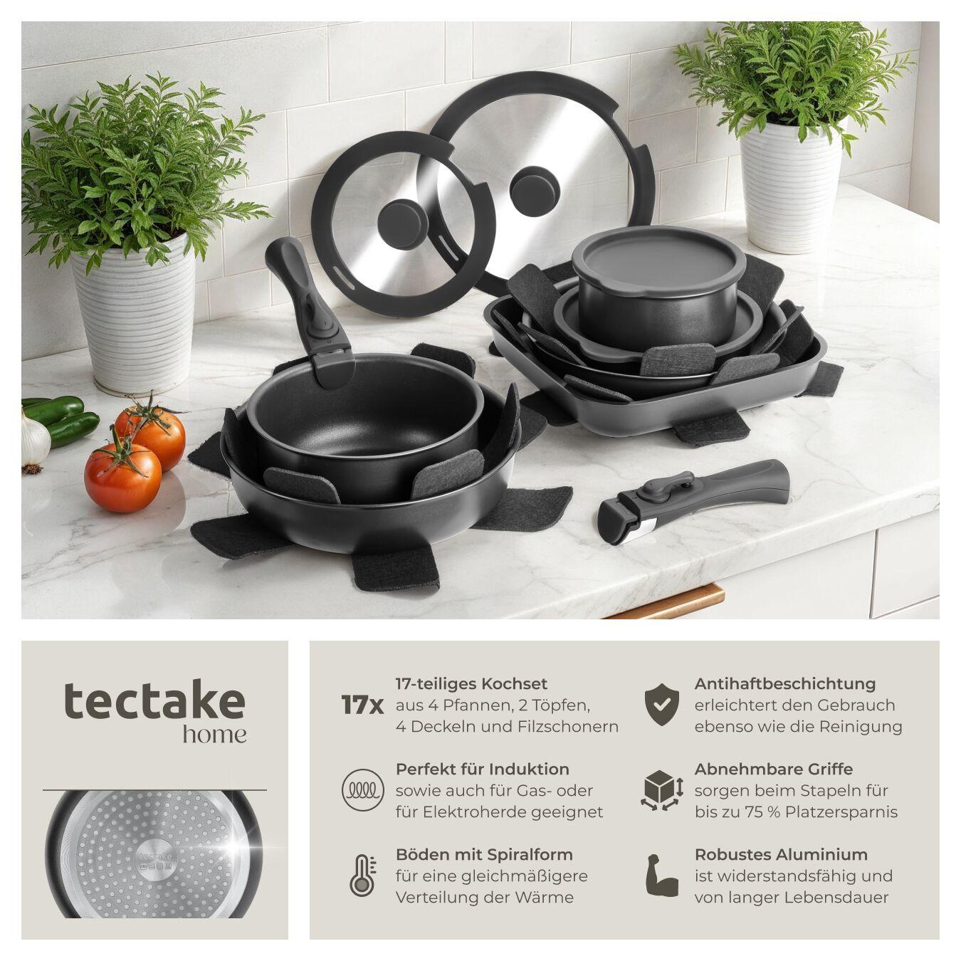 Tectake Kochtopfset Parma 17-teilig, für Induktion geeignet Grillpfanne, 3 Bratpfannen und 2 Töpfe aus Aluminium mit Antihaftbeschichtung  