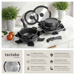 Tectake Kochtopfset Parma 17-teilig, für Induktion geeignet Grillpfanne, 3 Bratpfannen und 2 Töpfe aus Aluminium mit Antihaftbeschichtung  