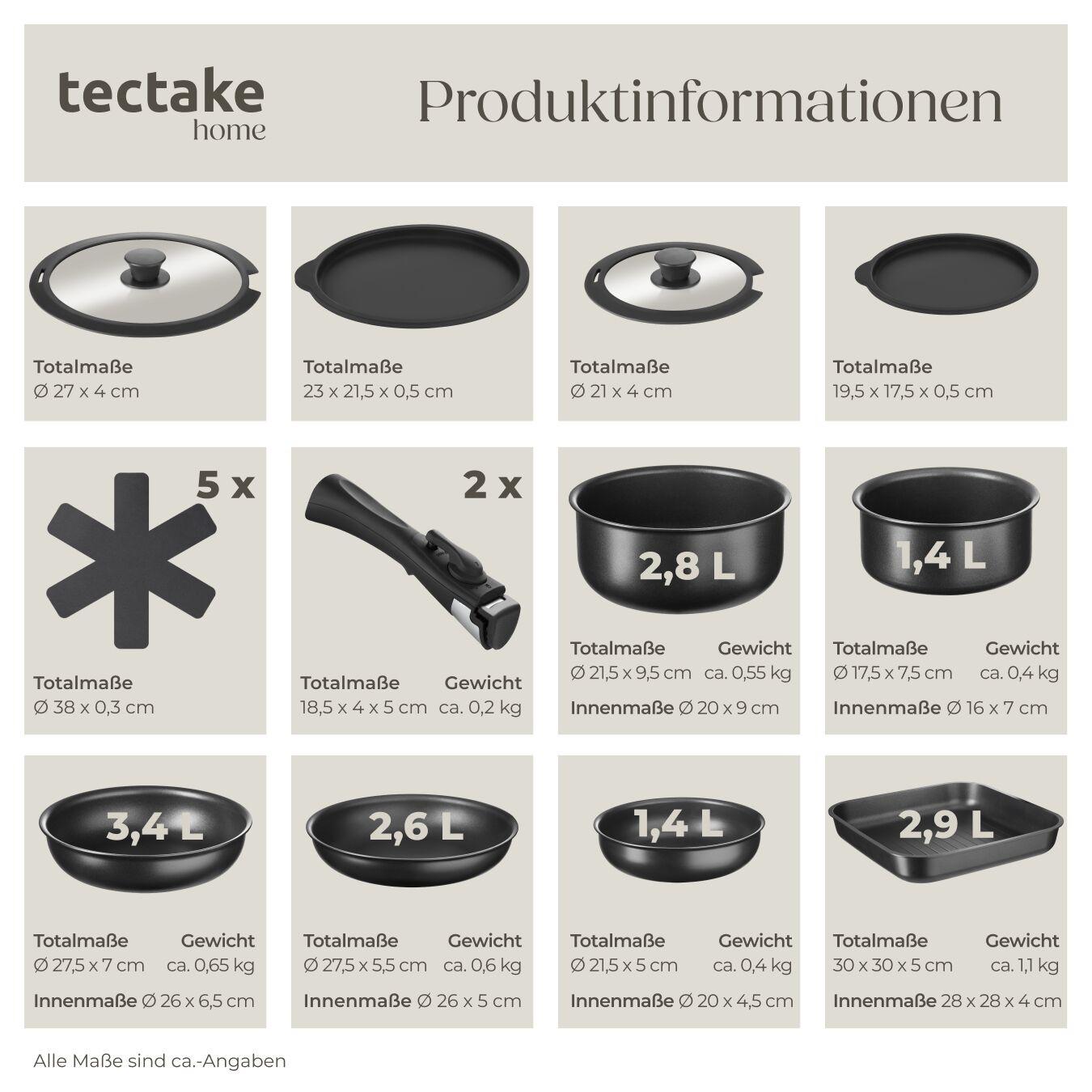 Tectake Kochtopfset Parma 17-teilig, für Induktion geeignet Grillpfanne, 3 Bratpfannen und 2 Töpfe aus Aluminium mit Antihaftbeschichtung  