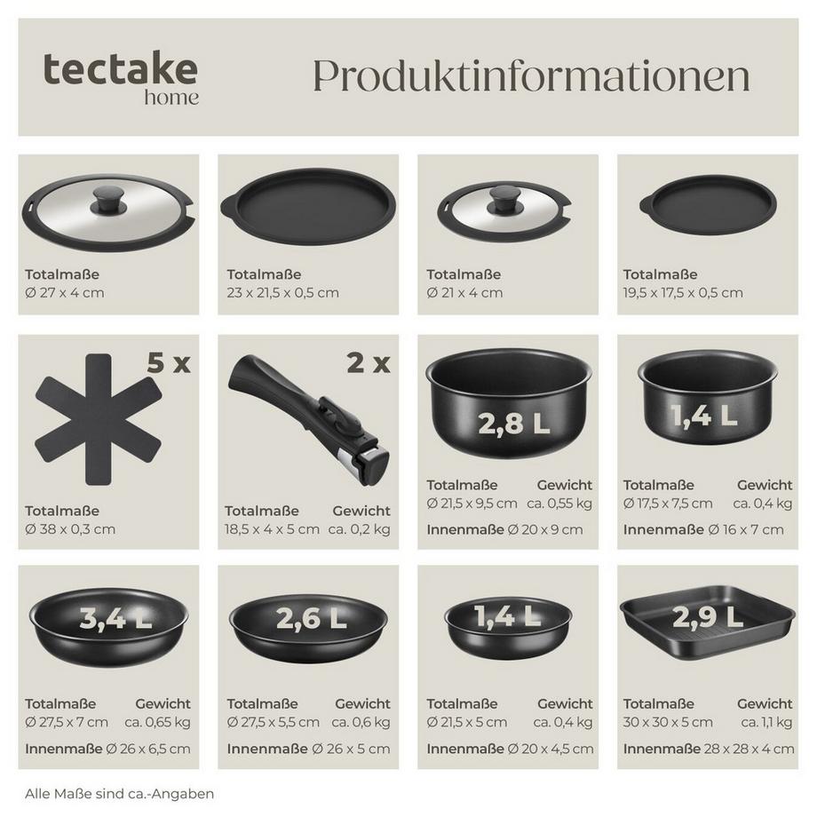 Tectake Kochtopfset Parma 17-teilig, für Induktion geeignet Grillpfanne, 3 Bratpfannen und 2 Töpfe aus Aluminium mit Antihaftbeschichtung  
