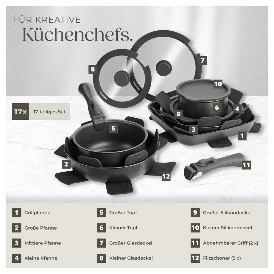 Tectake Kochtopfset Parma 17-teilig, für Induktion geeignet Grillpfanne, 3 Bratpfannen und 2 Töpfe aus Aluminium mit Antihaftbeschichtung  