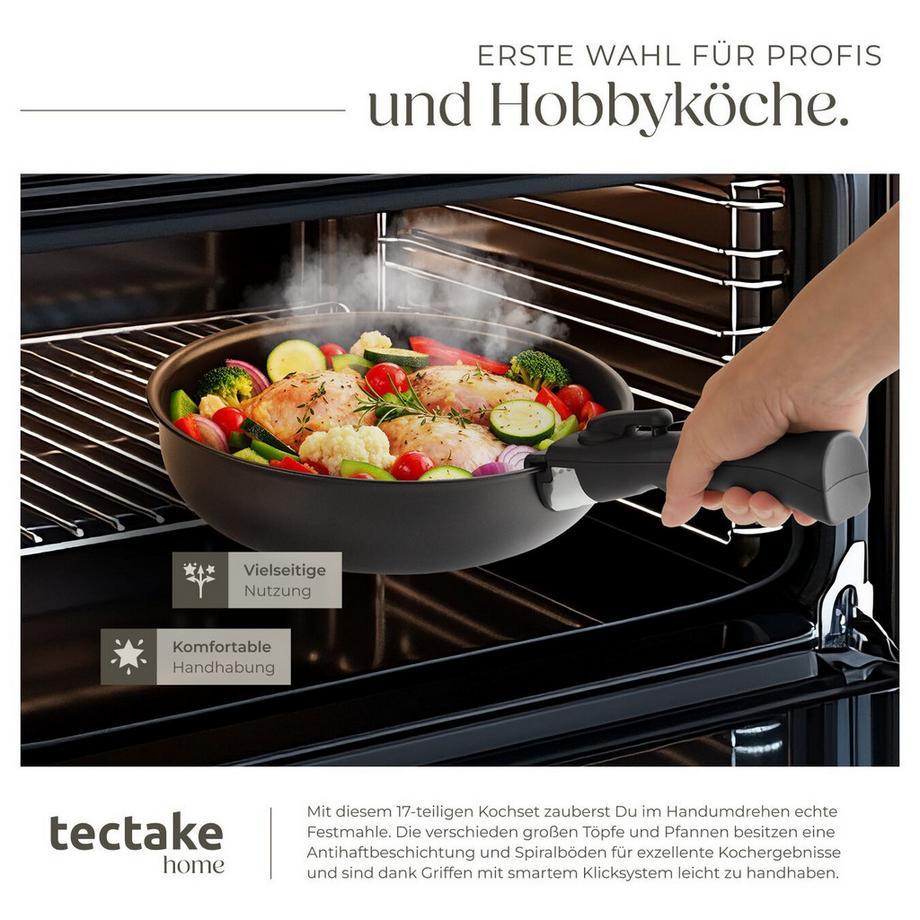 Tectake Kochtopfset Parma 17-teilig, für Induktion geeignet Grillpfanne, 3 Bratpfannen und 2 Töpfe aus Aluminium mit Antihaftbeschichtung  