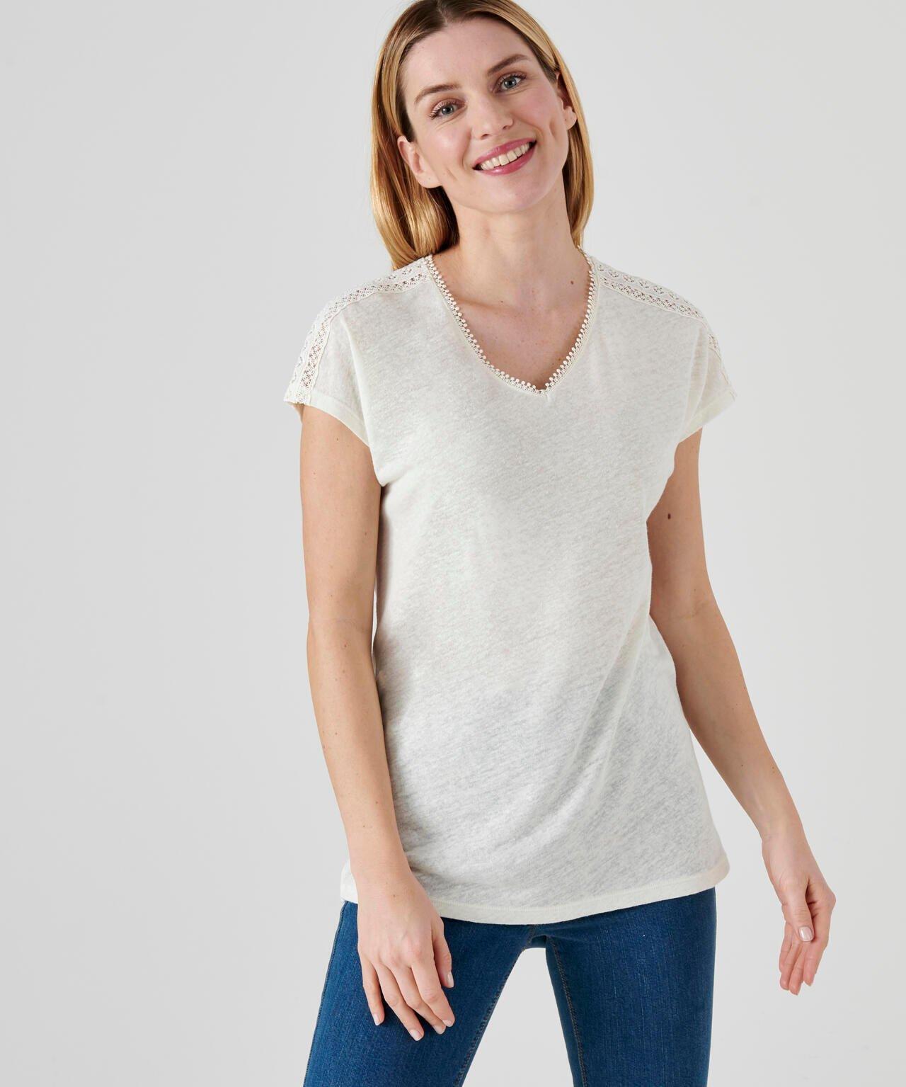 Damart  Tee-shirt mélange lin et viscose, col V avec galon croquet, manches T. 