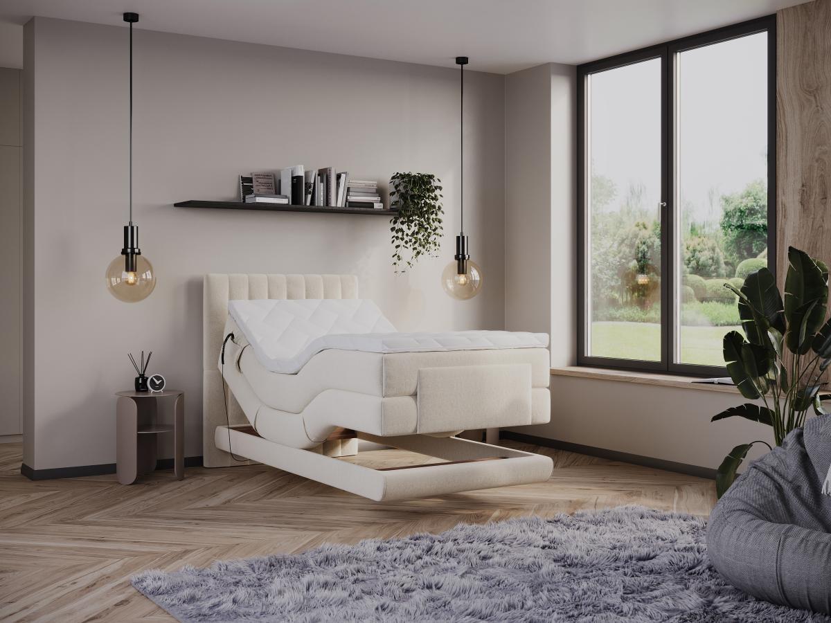 Vente-unique Ensemble complet boxspring tête de lit coutures verticales + sommiers relaxation électrique + matelas + surmatelas - 100 x 200 cm - Velours - Beige - DONISI de PALACIO  