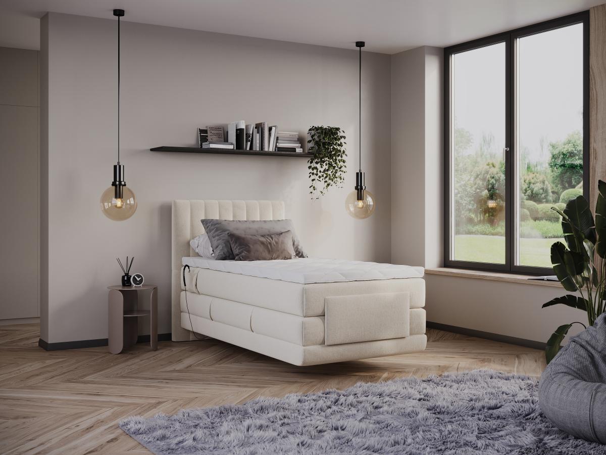 Vente-unique Ensemble complet boxspring tête de lit coutures verticales + sommiers relaxation électrique + matelas + surmatelas - 100 x 200 cm - Velours - Beige - DONISI de PALACIO  