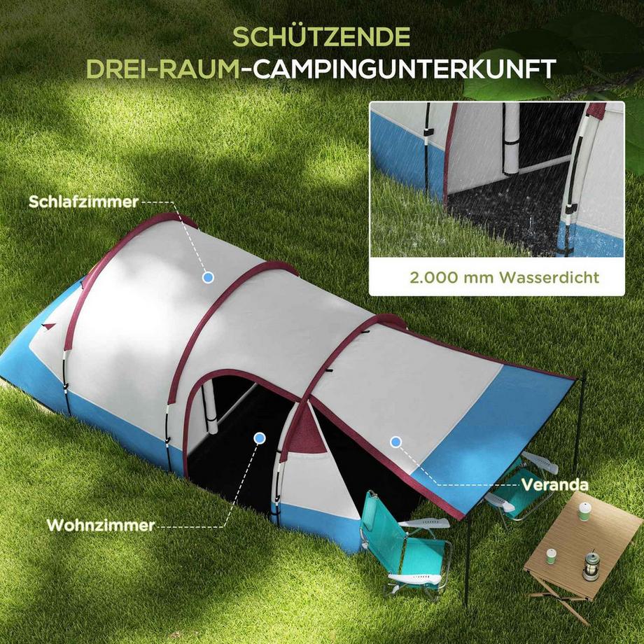 Northio  Tente de camping, tente tunnel pour 3 personnes, avec crochets lumineux, auvent, 2 pièces, tente familiale coupe-vent avec sac de transport, tente escamotable hydrofuge 2000 mm pour camping, jardin, rouge Aosom 