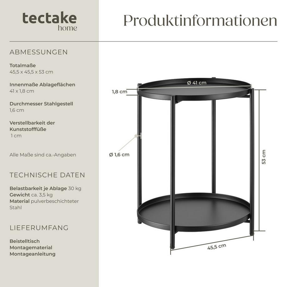 Tectake Beistelltisch Oxford Stahl rund mit abnehmbaren Ablagen  