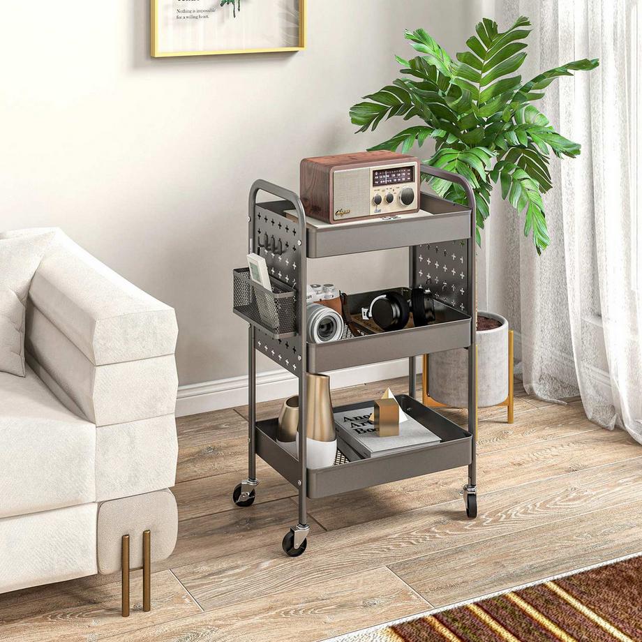 Northio Carrello Con Rotelle, Carrello Di Servizio A 3 Livelli, 2 Cestini Sospesi, Carrello Portaoggetti Con Maniglia, Carrello Da Cucina, Carrello Laterale, Acciaio, Grigio Scuro  