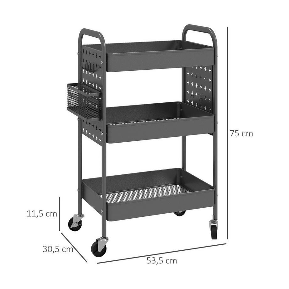 Northio Carrello Con Rotelle, Carrello Di Servizio A 3 Livelli, 2 Cestini Sospesi, Carrello Portaoggetti Con Maniglia, Carrello Da Cucina, Carrello Laterale, Acciaio, Grigio Scuro  