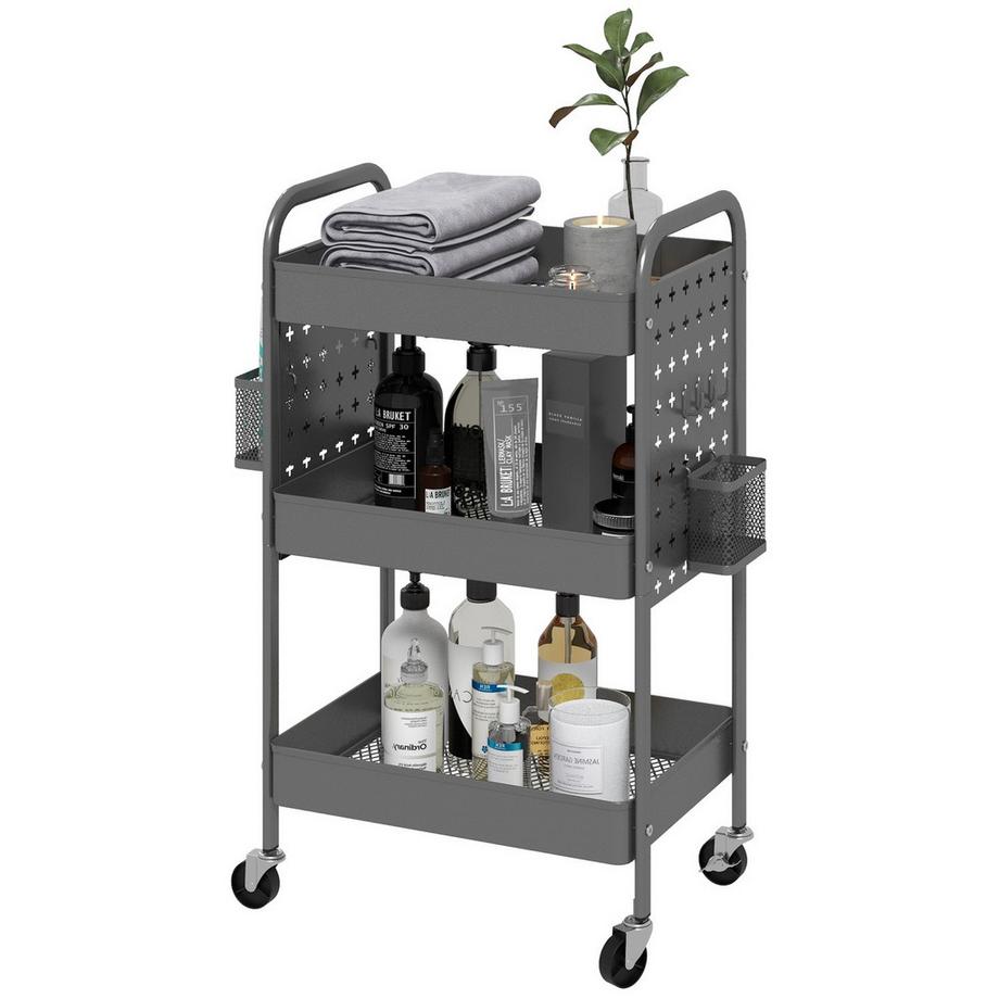 Carrello Con Rotelle, Carrello Di Servizio A 3 Livelli, 2 Cestini Sospesi, Carrello Portaoggetti Con Maniglia, Carrello Da Cucina, Carrello Laterale, Acciaio, Grigio Scuro