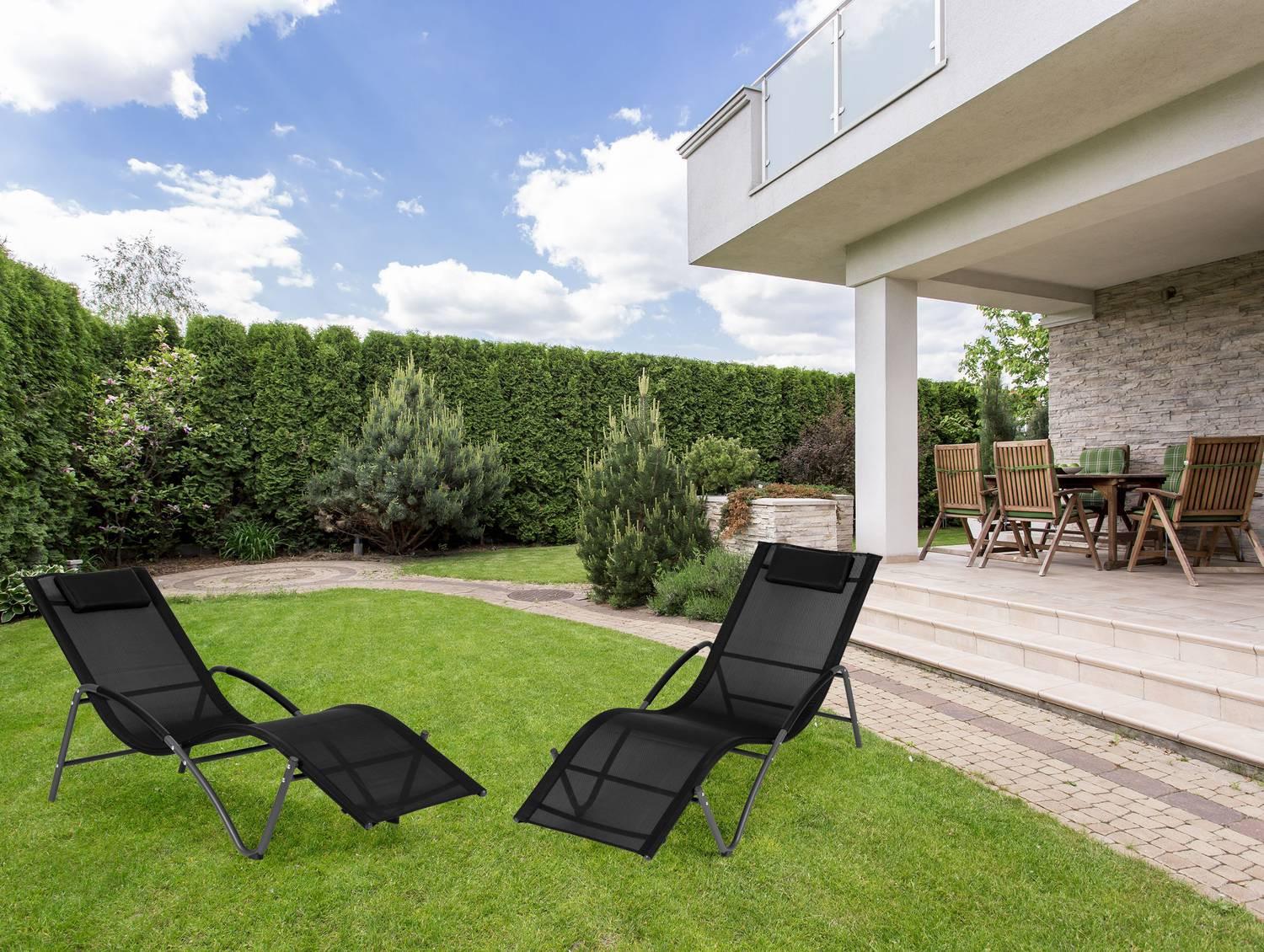 Northix Lettino da giardino, sedia reclinabile con poggiatesta, struttura in acciaio, nero, MultiGarden  