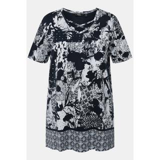 Ulla Popken  T-shirt con stampa patchwork, laccetti, scollo a V e mezze maniche 