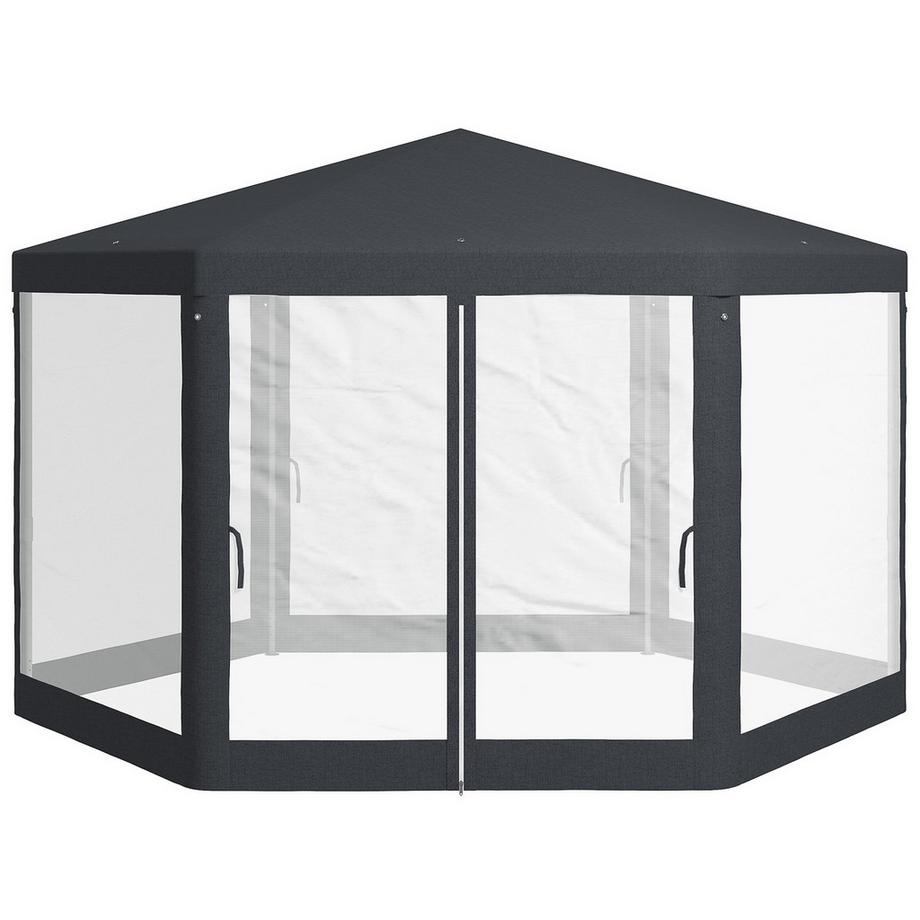Gazebo da giardino 4x4 m con zanzariera, esagonale, tendone per feste in poliestere e metallo, grigio scuro per feste in giardino