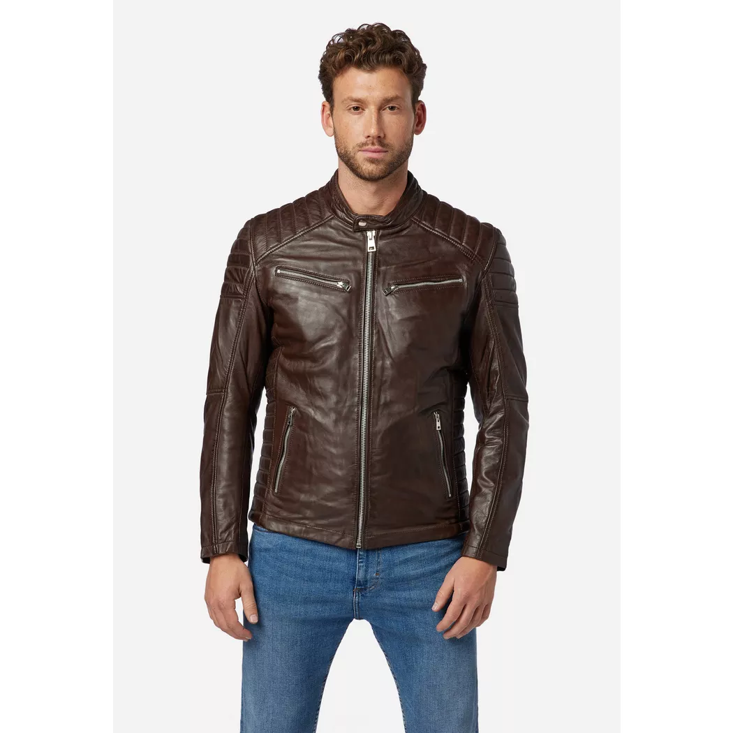 RICANO - Lederjacke Cooper im Biker-Stil mit Stehkragen, XXL, Braun