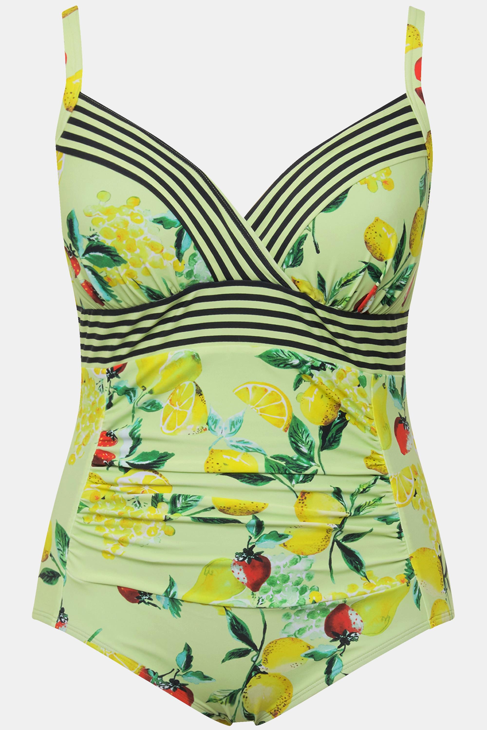 Ulla Popken  Maillot de bain à bonnets souples et motif citrons. Bretelles réglables. Matière recyclée. 