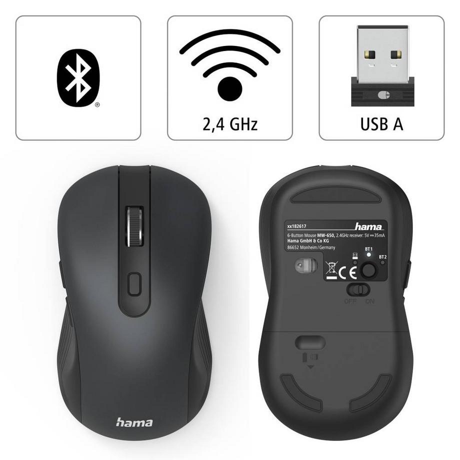 hama  Souris optique multi-appareils 6 touches MW-650, avec USB-A/Bluetooth 