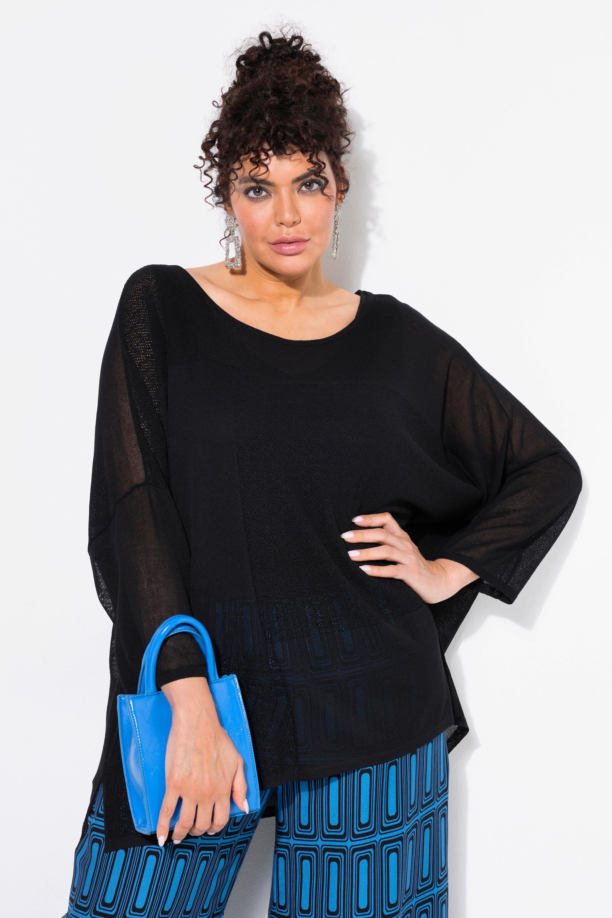 Ulla Popken Maglione Oversize Lavorazione a Quadri Scollo Rotondo Mezze Maniche  