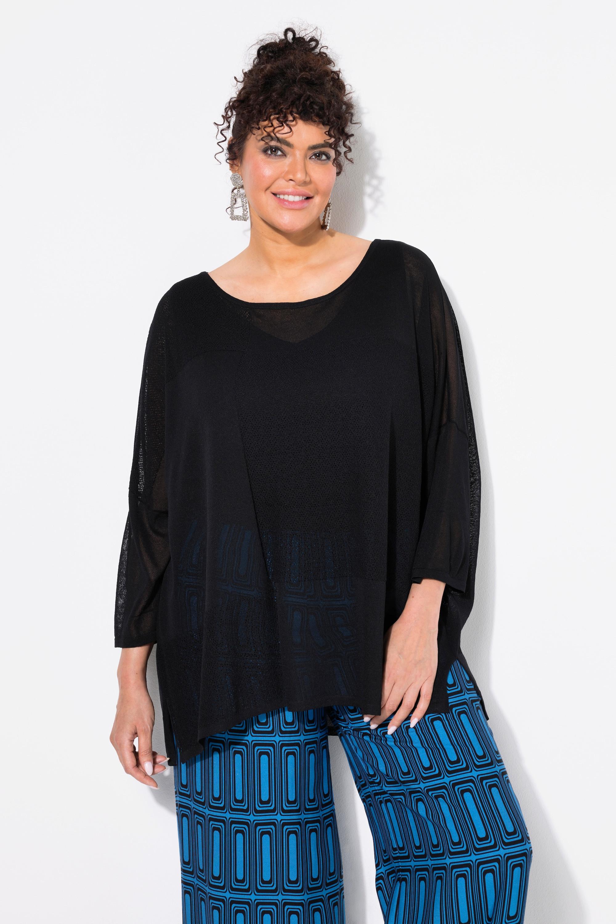 Ulla Popken Maglione Oversize Lavorazione a Quadri Scollo Rotondo Mezze Maniche  