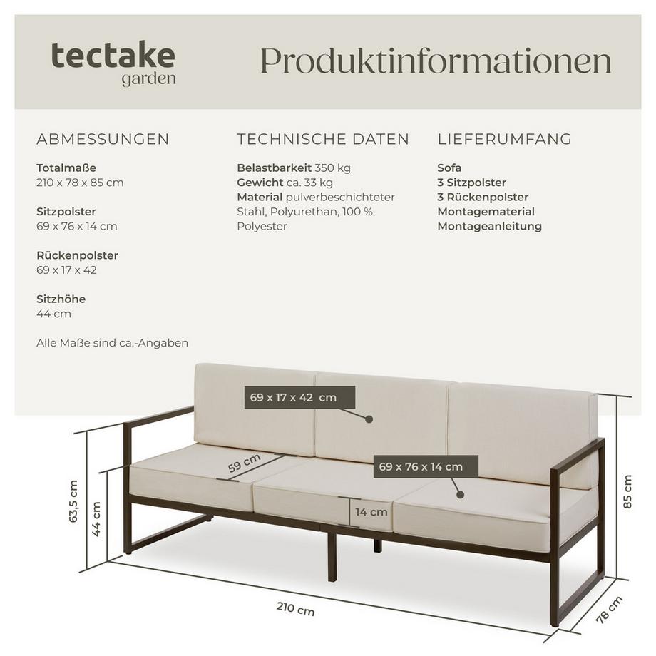 Tectake Garten-Loungesofa Comosa Dicke des Sitzpolsters 14 cm wasserabweisende, abnehmbare Polyesterbezüge  