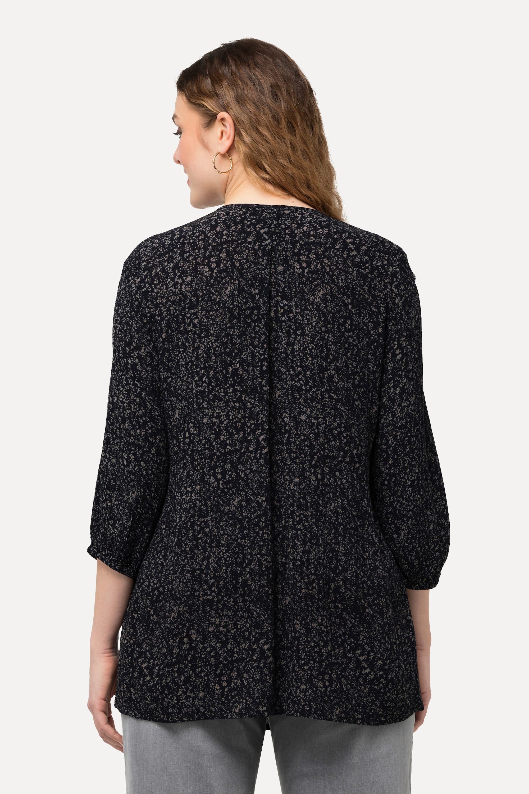 Ulla Popken  Blouse smockée à pois, avec décolleté rond et manches 3/4. Silhouette en A. 