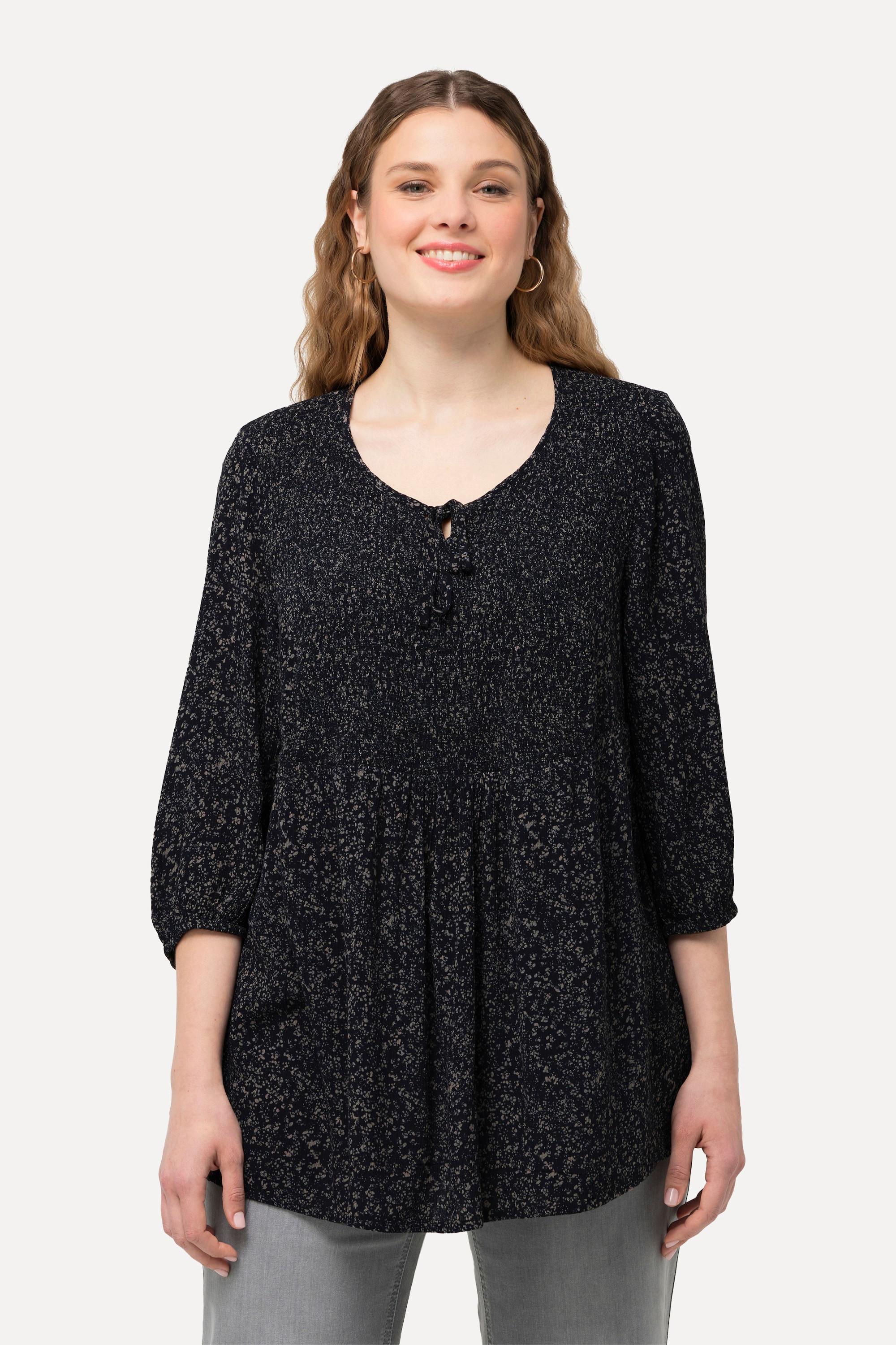 Ulla Popken  Blouse smockée à pois, avec décolleté rond et manches 3/4. Silhouette en A. 